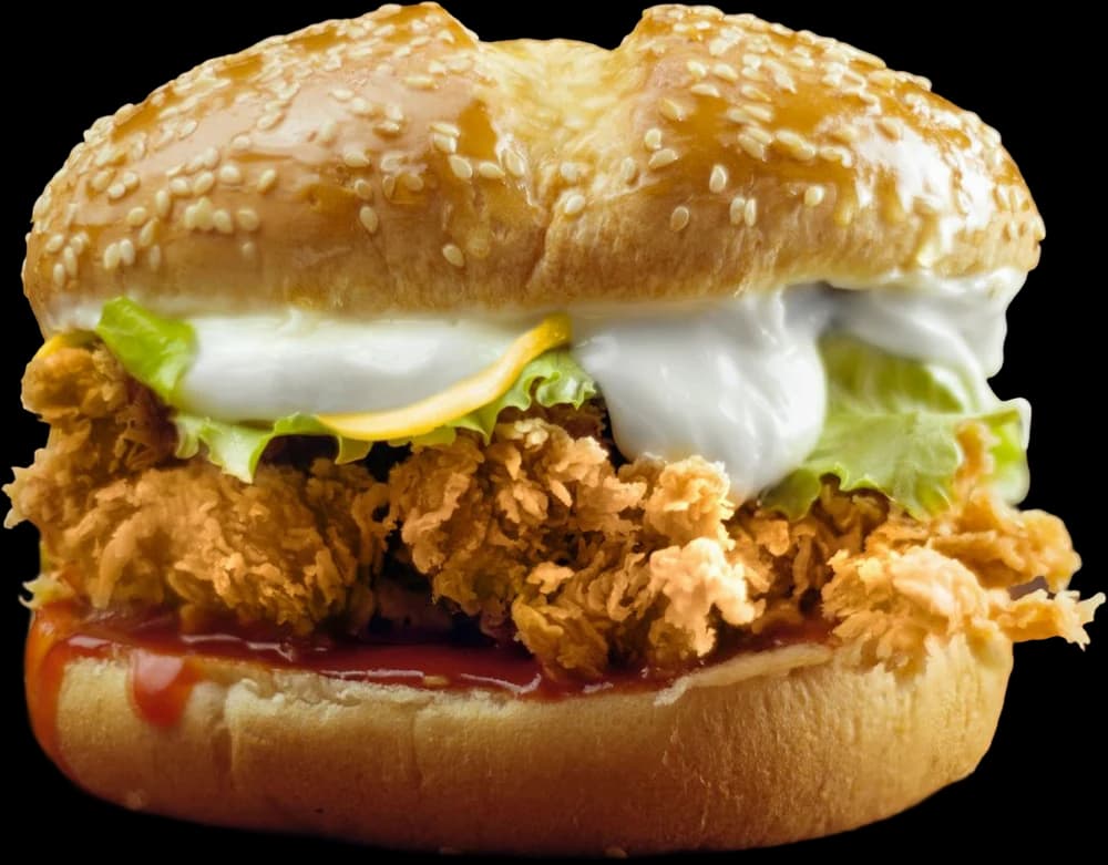 Snacky zinger burger — crispy fried chicken with lettuce, cheese and mayo on a sesame bun